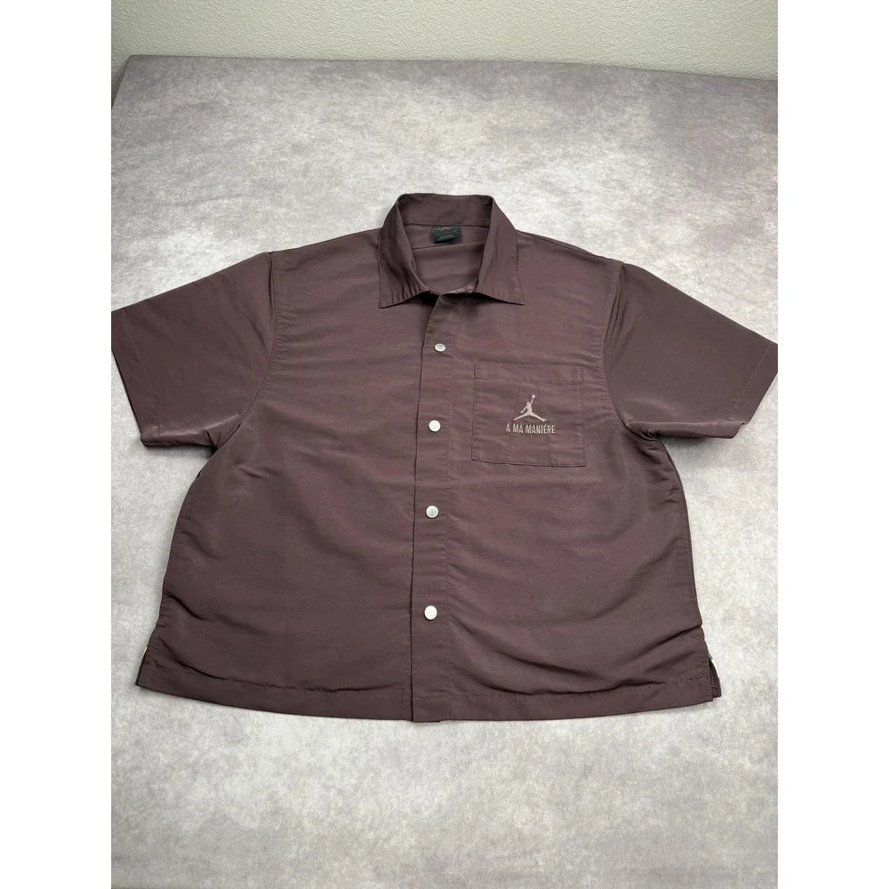 Jordan x A Ma Maniére Shirt Mens Large Maroon Snap Front Short Sleeve DV7460-263